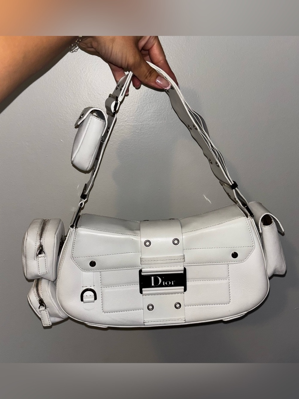 Dior Columbus White Leather Shoulder or Top Handle Bag Multi Pocket